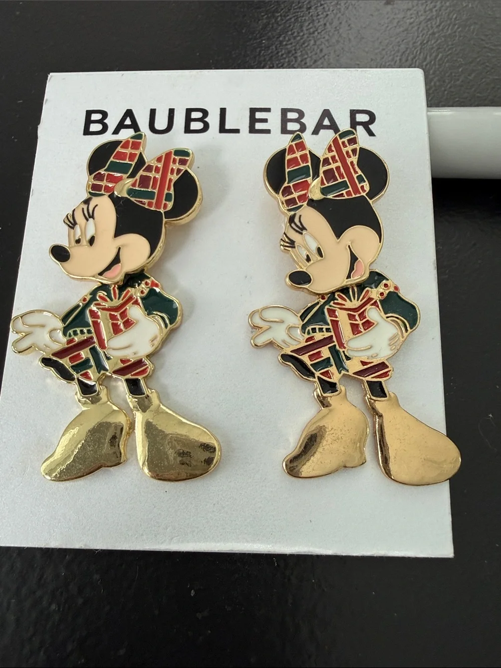 NEW Disney Baublebar Christmas Earrings Minnie Mouse , plaid bow, moves, dangles